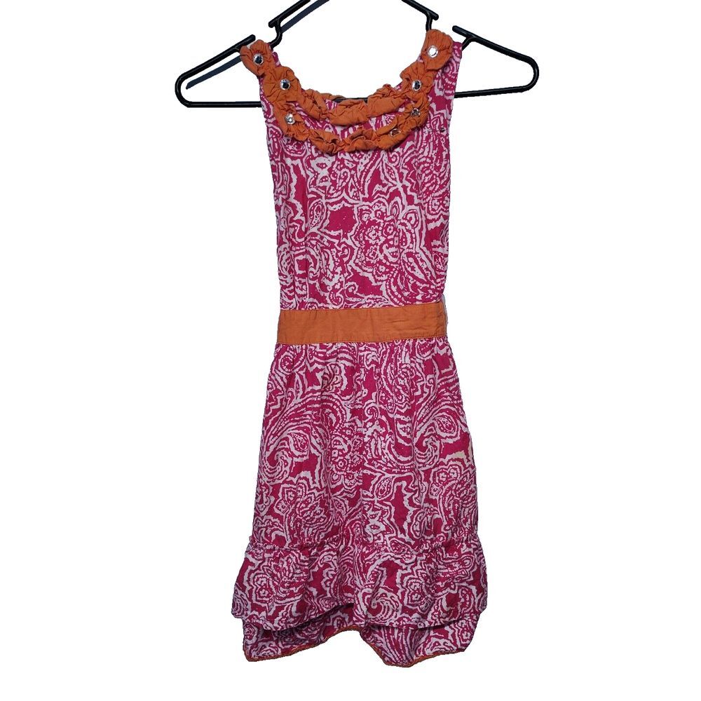Simply Envogue Women Pink Paisley Cotton Ruffle Rhinestone Sun Dress No Size Tag